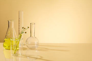 Group of laboratory equipment on the left of the photo with yellow Daisy flower extract. Daisy extract helps brighten and boost skin's natural beauty, and is one of the best ingredients for skincare