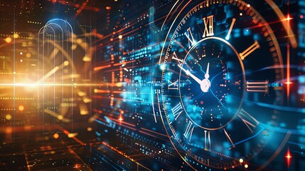 The concept of time through the use of clock motifs and futuristic time travel technology abstract background