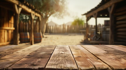 Empty wooden table with country houses in western movie style background