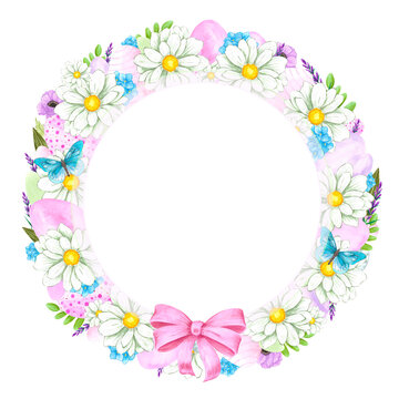 Hand drawn watercolor easter wreath with eggs and flowers isolated on white background. Can be used for cards, label and other printed products.