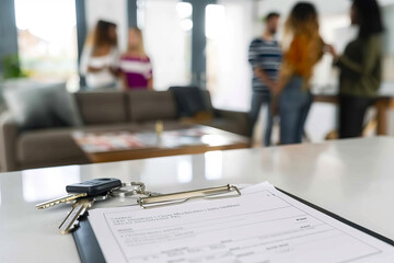 The key and the contract are on the table in the living room against the backdrop of group of people. Concept of buying or renting house, consulting, real estate services of real estate agent