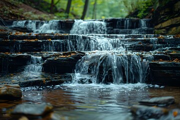 Serene Cascades Amidst Turkey Run's Pines. Concept Nature Photography, Waterfall (Turkey Run), Serene Landscapes