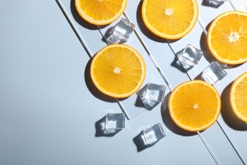 Slices of juicy orange and ice cubes on light blue background, flat lay. Space for text