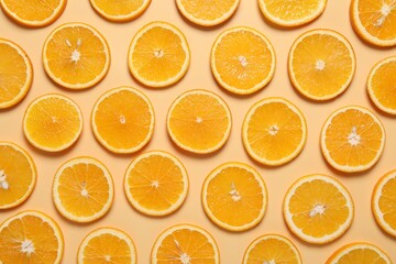 Slices of juicy orange on beige background, flat lay