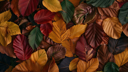 Autumn background from many different leaves dense backfill texture of foliage
