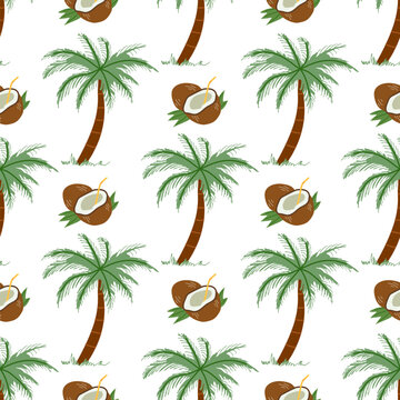 Cute hand drawn palm tree and coconut seamless pattern. Flat vector illustration isolated on white background. Doodle drawing.
