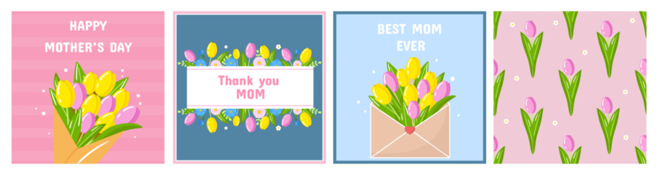 Vector happy mother's day flower greeting card template set. Spring holiday posters, envelope with tulips flowers on pink, blue backgrounds. Square backdrop invitation, flyer, brochure for event.