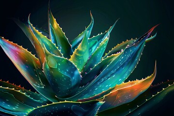 Aloe vera leaves show bright colors against a dark background. With glowing edges - obrazy, fototapety, plakaty