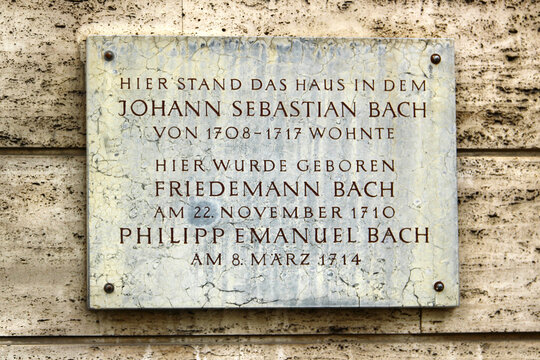 Weimar, Germany - April 7, 2024: Memorial plaque on the place of house where the famous German composer and organist Johann Sebastian Bach lived in Weimar for nine years