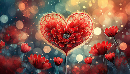 illustration d'une fleur rouge dans un coeur sur un fond avec des fleurs rouge et des ronds en effet bokeh de couleur or