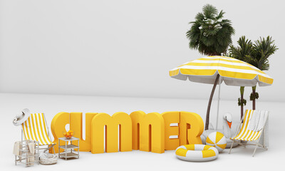 3d render. illustration of a tropical island. Two deck chairs under umbrella on a beautiful beach. Travel and vacation concept. with summer font and space for advertise - 782052025