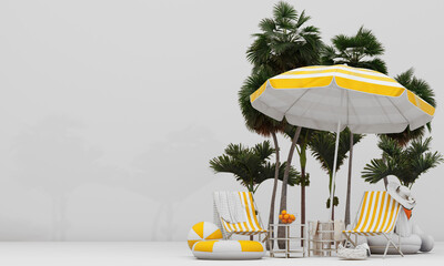 3d render. illustration of a tropical island. Two deck chairs under umbrella on a beautiful beach. Travel and vacation concept. with summer font and space for advertise