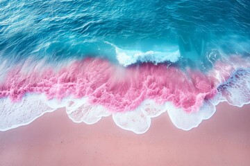 Pink sand beach, ocean waves with light blue and white colors, soft tones