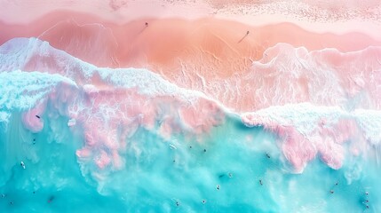 Pink sand beach, ocean waves with light blue and white colors, soft tones