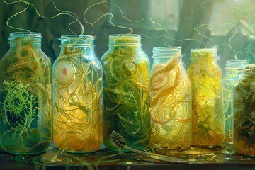 Fermentation of probiotics With a sparkling fermentation jar and swirling patterns of beneficial bacteria. - obrazy, fototapety, plakaty