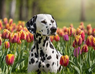 Der Dalmatiner zwischen Tulpen