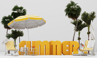 3d render. illustration of a tropical island. Two deck chairs under umbrella on a beautiful beach. Travel and vacation concept. with summer font and space for advertise - 782052631