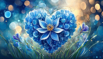 illustration d'un coeur composé de fleurs de couleur bleue de chaque côté des fleurs et du feuillage sur un fond bleu et or avec des rond en effet bokeh