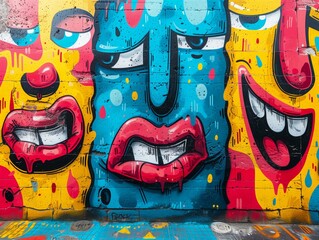 Emotional symbols graffiti mural, quirky background bricks wall, vivid colors