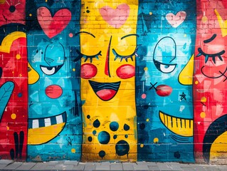 Emotional symbols graffiti mural, quirky background bricks wall, vivid colors