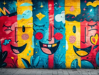 Emotional symbols graffiti mural, quirky background bricks wall, vivid colors