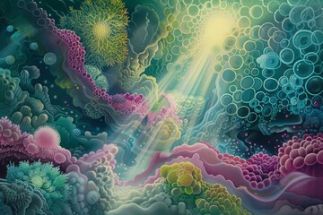 Obraz premium A pure picture of enlightenment about probiotics. With an aura of wisdom emanating from the gut microbiome. Illuminating your path to holistic health and wellbeing.