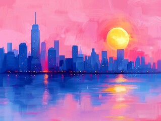 Abstract artwork of NYC cityscape, city lights, high speed digital painting, and golden full moon 
