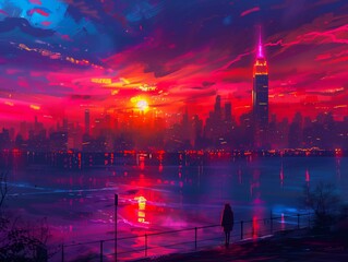 Fototapeta premium Abstract artwork of NYC cityscape, city lights, high speed digital painting
