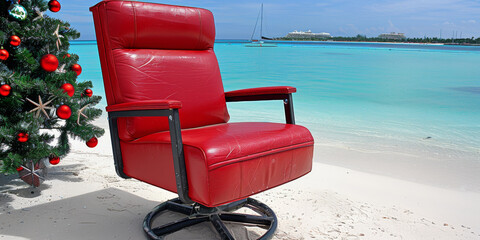 A red chair is sitting on a beach next to a Christmas tree