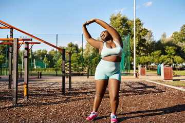 An African American woman in blue sports bra and shorts stands confidently in front of a playground.