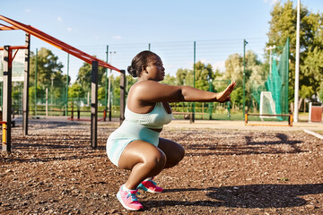 A curvy African American woman in sportswear squatting in a park with a playground in the background.