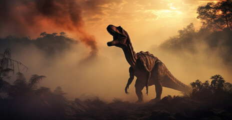 Dinosaur stands in prehistoric environment with a erupting volcano. Photorealistic.