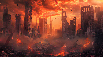 An image representing a destroyed city in a fire storm - obrazy, fototapety, plakaty