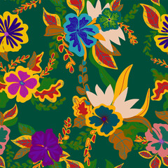 Obraz premium stylized flowers in flat style hand drawn vector seamless pattern.Retro style. Green background.