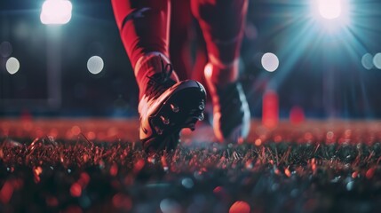 Close-up Legs of a football player on a football field in the light of floodlights during a football match game
 - obrazy, fototapety, plakaty
