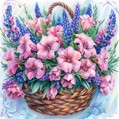 Watercolor flowers in a hanging basket