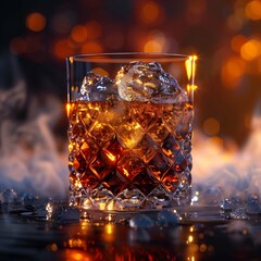 Whiskey on black glass table, smoke, reflections, warm light