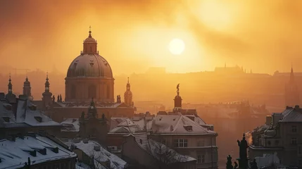 Tuinposter Beautiful historical buildings in winter with snow and fog in Prague city in Czech Republic in Europe. © rabbit75_fot