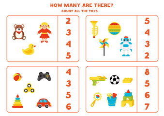 Count all cartoon cute toys and circle the correct answers.