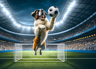Ein Hund im Fußball Stadion vor dem Tor springt hoch zum Ball, copy space - obrazy, fototapety, plakaty