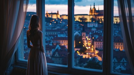 A graceful lady standing by a large window with a view of historic buildings in the city of Prague,...