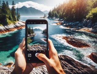 Tourist fotografiert mit einem Mobiltelefon eine felsige Küste , Bild im Bild - obrazy, fototapety, plakaty