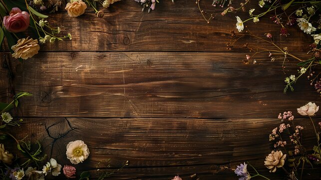 Antique wooden country table with flowers and floral design, wood texture and rustic flatlay background