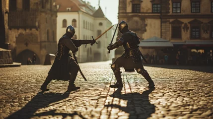Poster Medieval soldier in battle training drill in armor in Prague city in Czech Republic in Europe. © rabbit75_fot