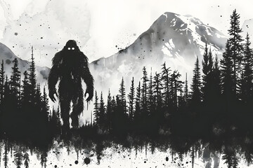 Black and white drawing of Bigfoot walking through the forest