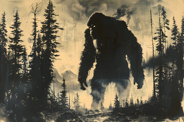 Fototapeta premium Black and white drawing of Bigfoot walking through the forest
