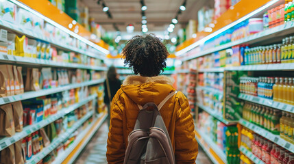back view of woman in supermarket, shopping for necessities. Generative AI.