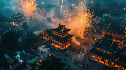 Beautiful fireworks show in city over traditional building to celebrate Chinese lunar new year. - obrazy, fototapety, plakaty