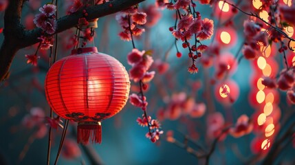Beautiful red lanterns with plum blossom in street to celebrate Chinese lunar new year. - obrazy, fototapety, plakaty