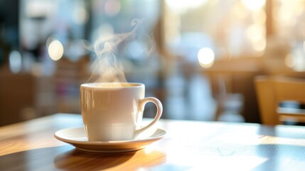 Close-up view of a cup of coffee on table in a coffee shop. - obrazy, fototapety, plakaty